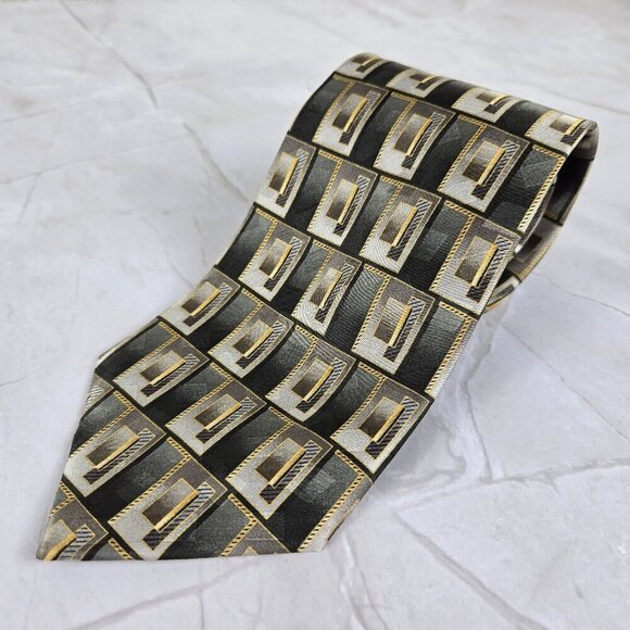 Pierre Cardin 100% Silk Men's Tie Gray & Gold Repeating Rectangle Pattern - Picture 1 of 6